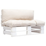 Sodo sofa iš palečių su smėlio pagalvėlėmis, pušies mediena