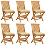 Sodo kėdės su pagalvėlėmis, 6vnt., kreminė balta, tikmedžio masyvas