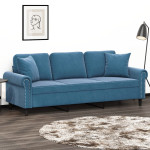 Trivietė sofa su pagalvėlėmis, mėlynos spalvos, 180cm, aksomas