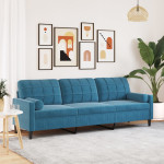 Trivietė sofa su pagalvėlėmis, mėlynos spalvos, 210cm, aksomas