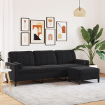 Trivietė sofa su pakoja, juodos spalvos, 210cm, aksomas
