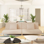 Dvivietė sofa-lova su dvejomis pagalvėmis, kreminė, audinys