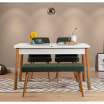 Valgomojo stalo komplektas (4 dalys), 120x77x75cm, 153cmx75x75cm, 47x89cm, 100x48x39cm, Atlanto pušis, balta, žalia