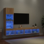 Sieninė TV sekcija su LED, 4 dalių, ąžuolo, apdirbta mediena