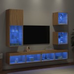 Sieninė TV sekcija su LED, 5 dalių, ąžuolo, apdirbta mediena