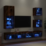 Sieninė TV sekcija su LED, 5 dalių, dūminio ąžuolo, mediena
