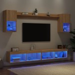 Sieninė TV sekcija su LED, 6 dalių, ąžuolo, apdirbta mediena